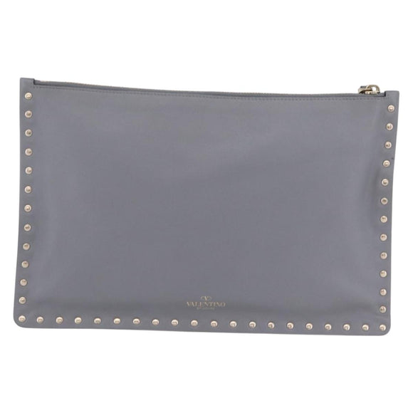 Valentino Rock Studs Clutch Bag Leather Gray Gold Auth 206788A