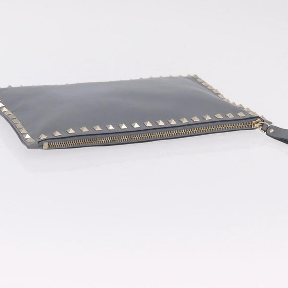 Valentino Rock Studs Clutch Bag Leather Gray Gold Auth 206788A