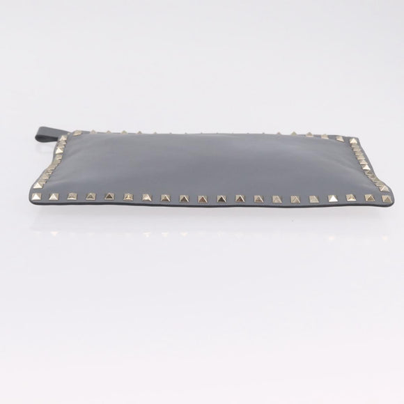 Valentino Rock Studs Clutch Bag Leather Gray Gold Auth 206788A