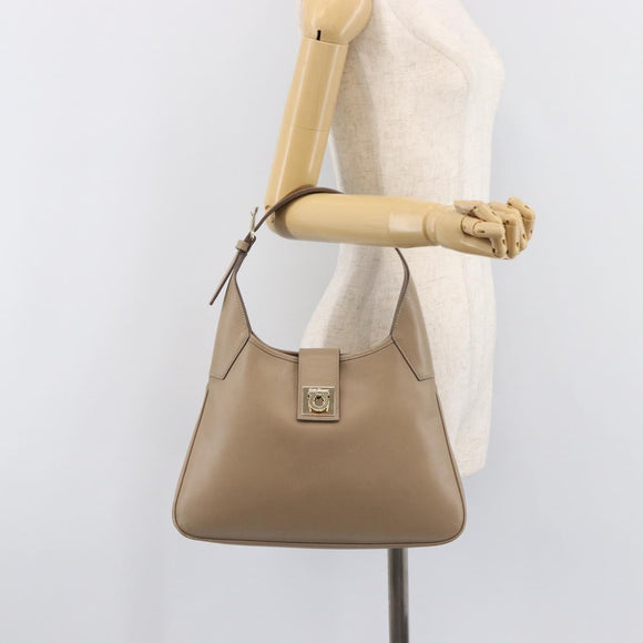 Salvatore Ferragamo Gancini Shoulder Bag Leather Beige Gold Auth 206791A