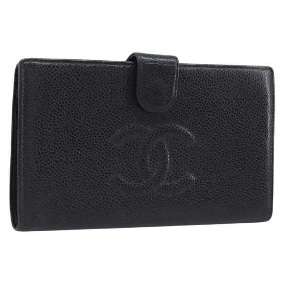 CHANEL Long Wallet Caviar Skin Black Gold CC Auth 206812