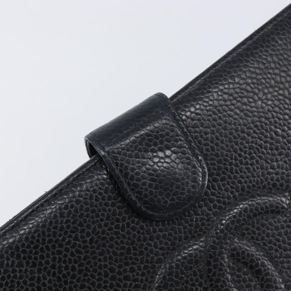 CHANEL Long Wallet Caviar Skin Black Gold CC Auth 206812