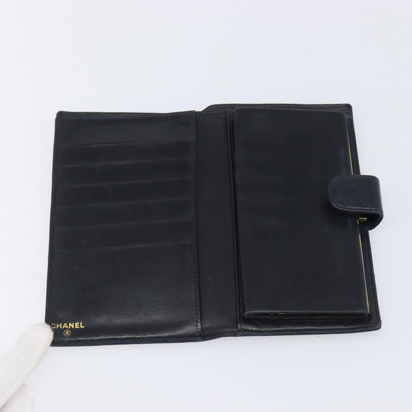 CHANEL Long Wallet Caviar Skin Black Gold CC Auth 206812