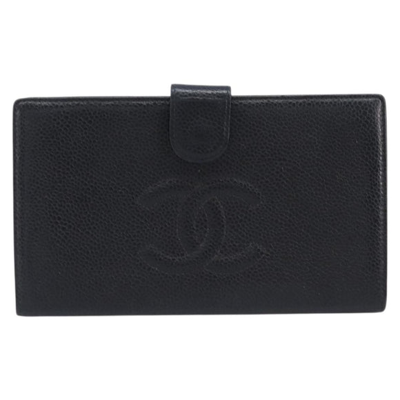CHANEL Long Wallet Caviar Skin Black Gold CC Auth 206812