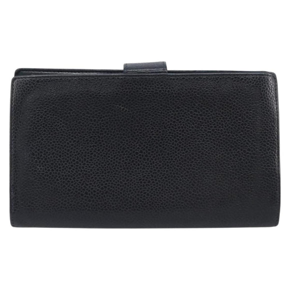 CHANEL Long Wallet Caviar Skin Black Gold CC Auth 206812