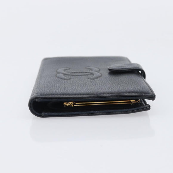 CHANEL Long Wallet Caviar Skin Black Gold CC Auth 206812