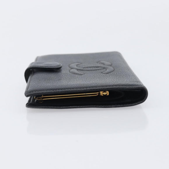 CHANEL Long Wallet Caviar Skin Black Gold CC Auth 206812