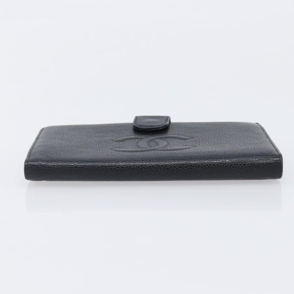 CHANEL Long Wallet Caviar Skin Black Gold CC Auth 206812