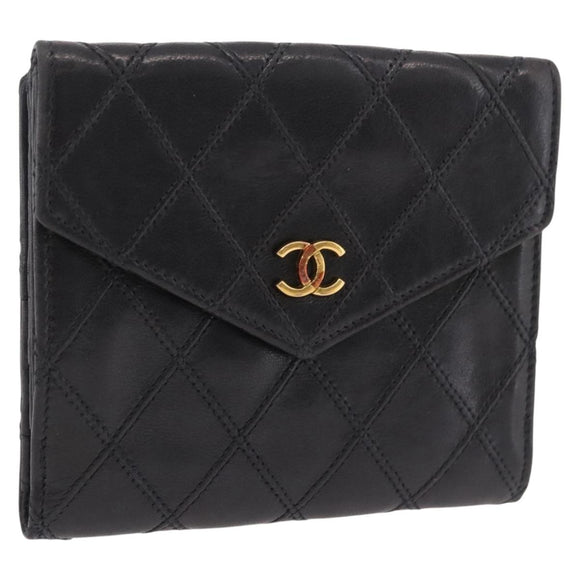 CHANEL Bicolore Compact Wallet Lamb Skin Black Gold CC Auth 206819