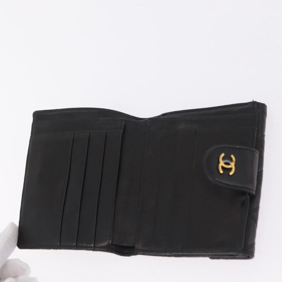CHANEL Bicolore Compact Wallet Lamb Skin Black Gold CC Auth 206819