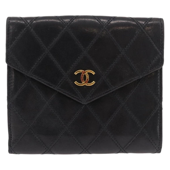 CHANEL Bicolore Compact Wallet Lamb Skin Black Gold CC Auth 206819