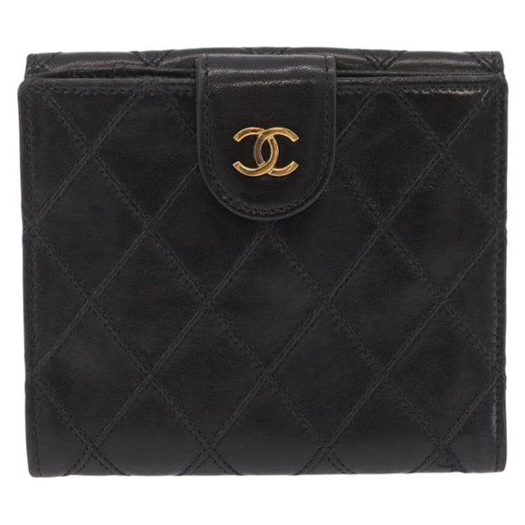 CHANEL Bicolore Compact Wallet Lamb Skin Black Gold CC Auth 206819