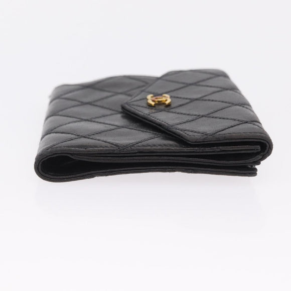 CHANEL Bicolore Compact Wallet Lamb Skin Black Gold CC Auth 206819