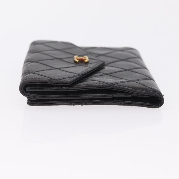 CHANEL Bicolore Compact Wallet Lamb Skin Black Gold CC Auth 206819