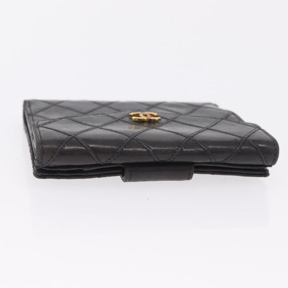 CHANEL Bicolore Compact Wallet Lamb Skin Black Gold CC Auth 206819