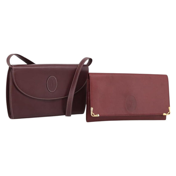 Cartier Clutch Bag Shoulder Bag Leather 2 Set Bordeaux Gold Tone Auth 206820