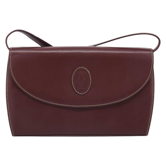 Cartier Clutch Bag Shoulder Bag Leather 2 Set Bordeaux Gold Tone Auth 206820