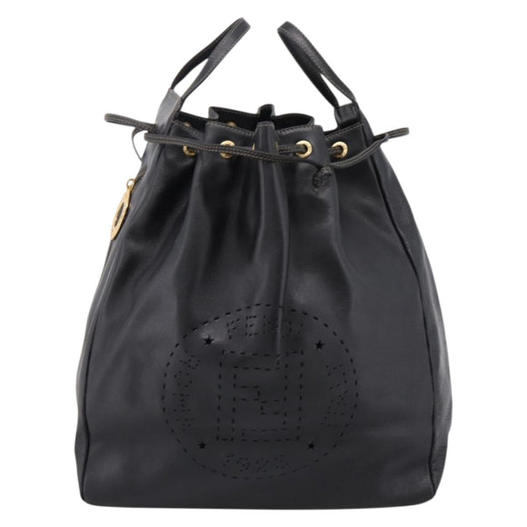 FENDI Hand Bag Leather Black Gold Auth 206838