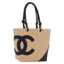 CHANEL Cambon Line Matelasse Tote Bag Leather Beige Silver CC Auth 206839V-1