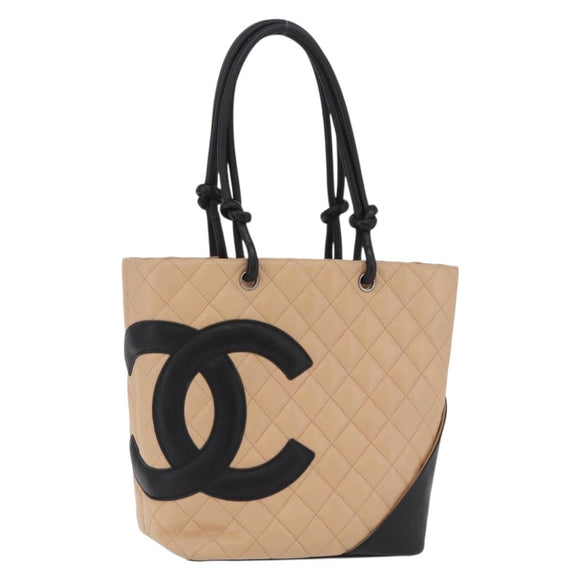 CHANEL Cambon Line Matelasse Tote Bag Leather Beige Silver CC Auth 206839V