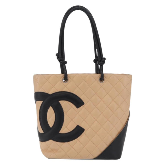 CHANEL Cambon Line Matelasse Tote Bag Leather Beige Silver CC Auth 206839V