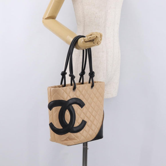 CHANEL Cambon Line Matelasse Tote Bag Leather Beige Silver CC Auth 206839V