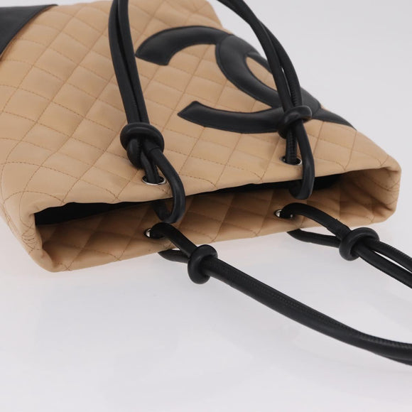 CHANEL Cambon Line Matelasse Tote Bag Leather Beige Silver CC Auth 206839V