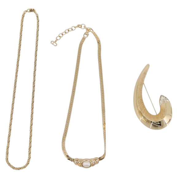Christian Dior Brooch Necklace Metal 3 Set Gold Tone Auth 206852