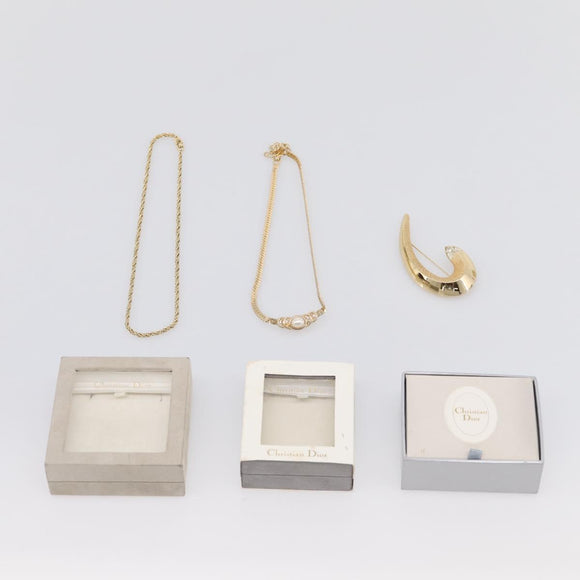 Christian Dior Brooch Necklace Metal 3 Set Gold Tone Auth 206852