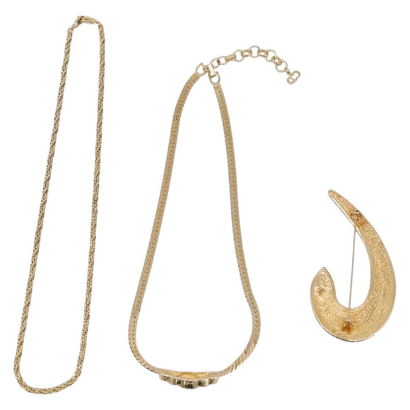 Christian Dior Brooch Necklace Metal 3 Set Gold Tone Auth 206852