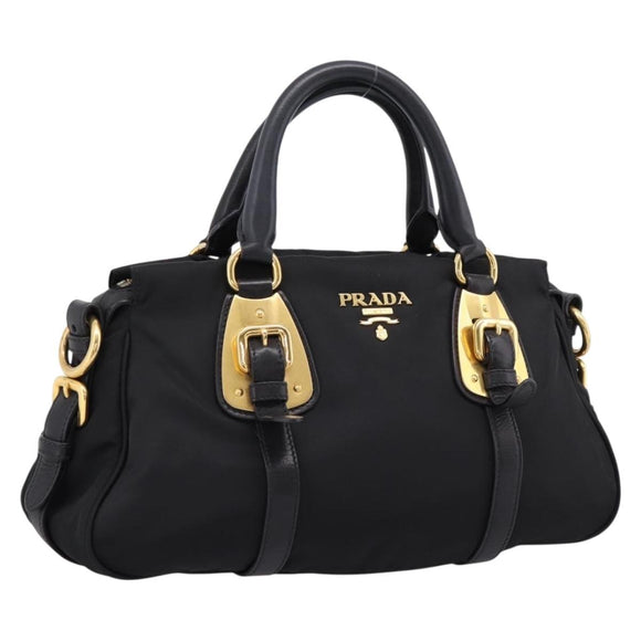 PRADA Hand Bag Nylon Black Gold Auth 206859A