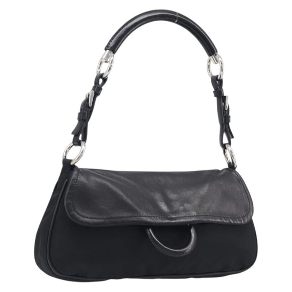 PRADA Shoulder Bag Leather Nylon Black Silver Auth 206861V
