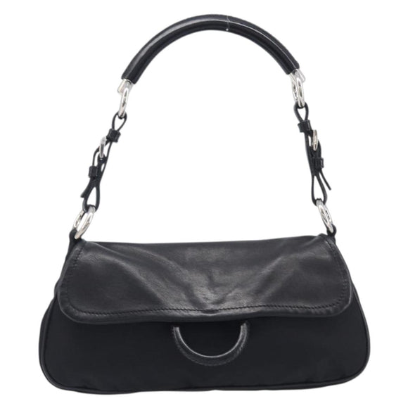 PRADA Shoulder Bag Leather Nylon Black Silver Auth 206861V