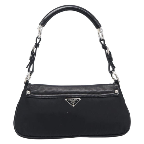 PRADA Shoulder Bag Leather Nylon Black Silver Auth 206861V