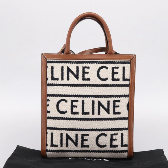 CELINE Small Vertical Cabas Hand Bag Canvas 2way Ivory Gold Auth 206883M