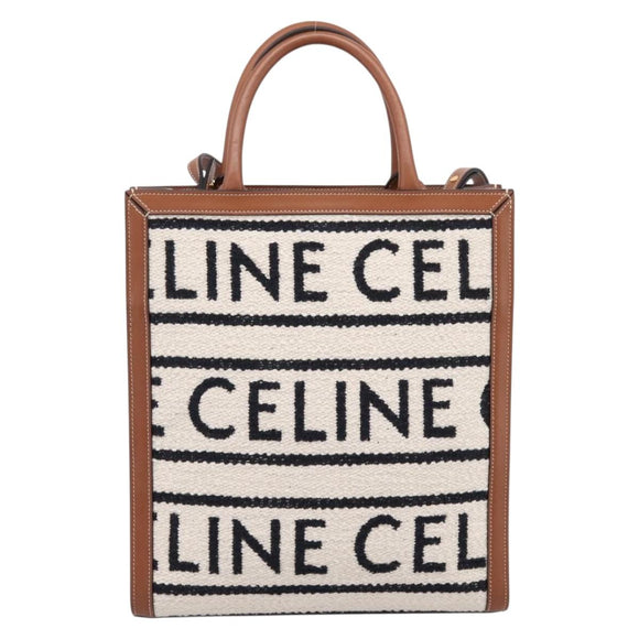 CELINE Small Vertical Cabas Hand Bag Canvas 2way Ivory Gold Auth 206883M