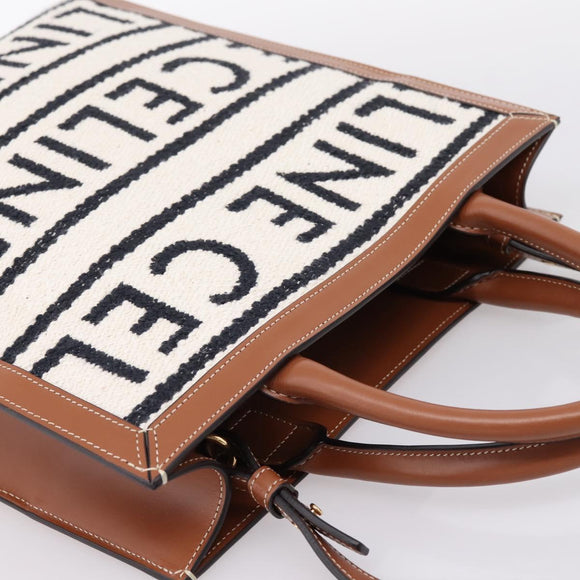 CELINE Small Vertical Cabas Hand Bag Canvas 2way Ivory Gold Auth 206883M