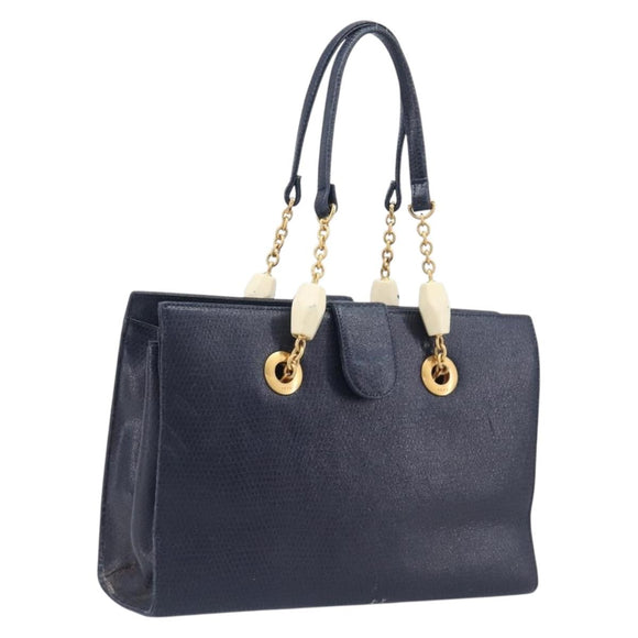 FENDI Hand Bag Leather Navy Gold Auth 206886