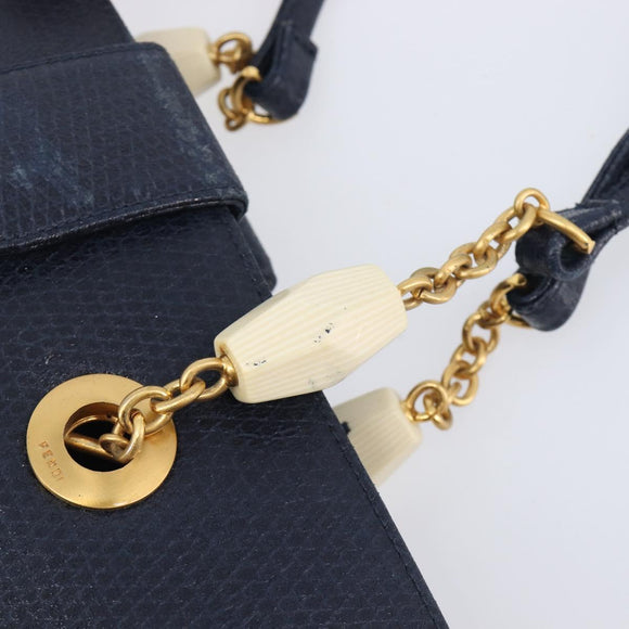 FENDI Hand Bag Leather Navy Gold Auth 206886