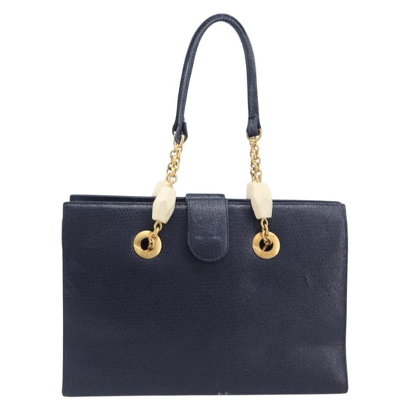 FENDI Hand Bag Leather Navy Gold Auth 206886