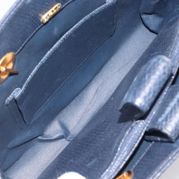 FENDI Hand Bag Leather Navy Gold Auth 206886