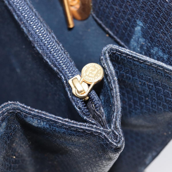 FENDI Hand Bag Leather Navy Gold Auth 206886