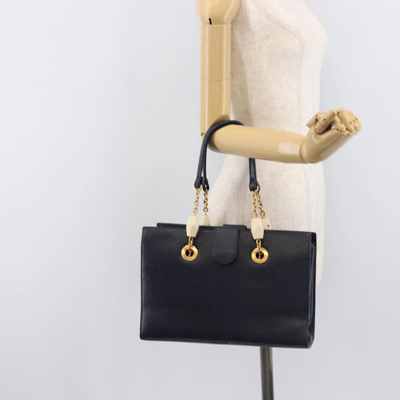 FENDI Hand Bag Leather Navy Gold Auth 206886