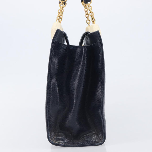 FENDI Hand Bag Leather Navy Gold Auth 206886
