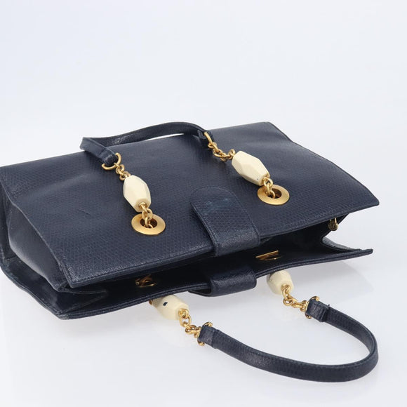 FENDI Hand Bag Leather Navy Gold Auth 206886