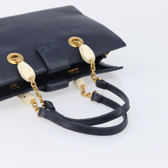 FENDI Hand Bag Leather Navy Gold Auth 206886