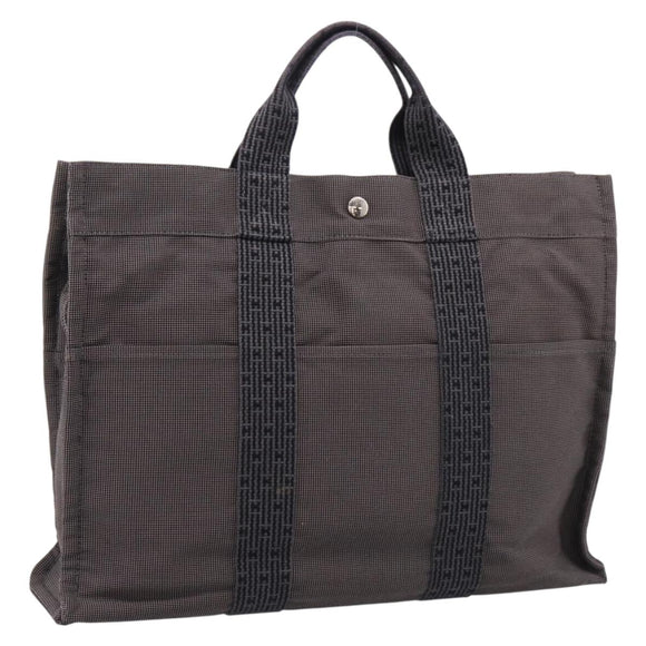 HERMES Her Line MM Hand Bag Canvas Gray Silver Auth 206893