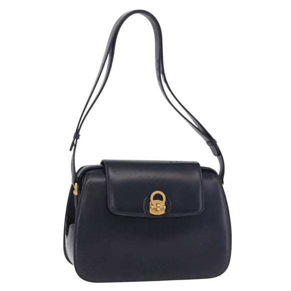 GUCCI Shoulder Bag Leather Navy Gold Auth 206895
