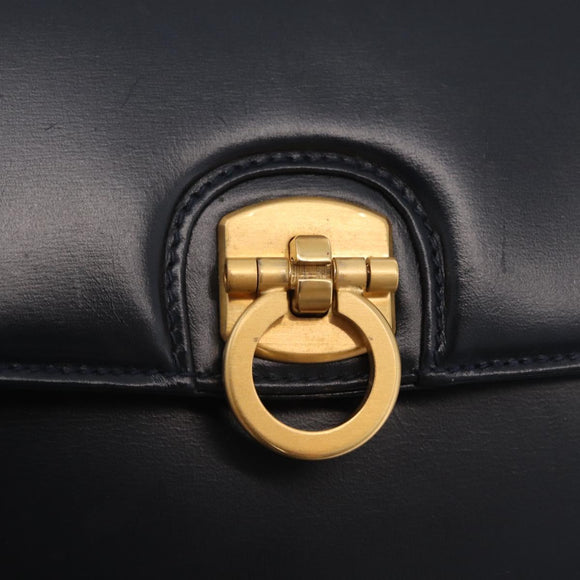 GUCCI Shoulder Bag Leather Navy Gold Auth 206895