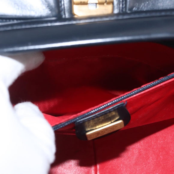 GUCCI Shoulder Bag Leather Navy Gold Auth 206895